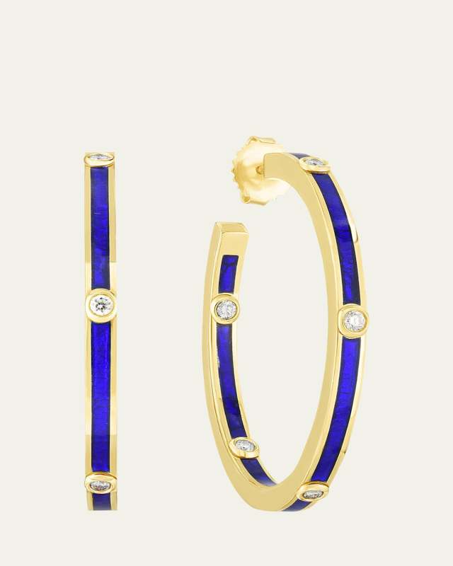 Enamel Hoop Earrings w/ Diamonds, Blue